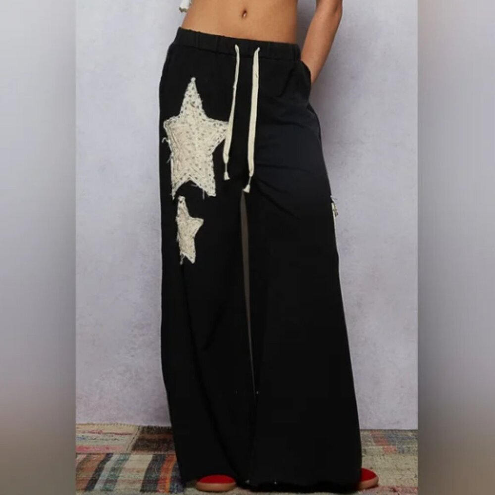 P24 POL Mineral Wash Black French Terry Star Patch Wide Leg Pants